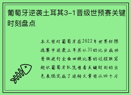 葡萄牙逆袭土耳其3-1晋级世预赛关键时刻盘点